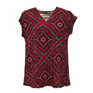 CSC Studio Blouse Womens Size XS Red White Black Paisley Handkerchief Pattern